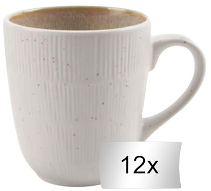 Home4You Kaffeetassen - 300 ml - Beige - Weiß - Steingut - mit linienförmiger Reliefprägung - 12er Set