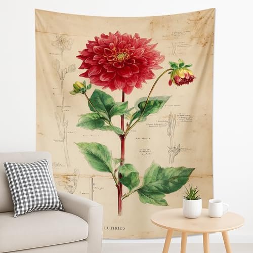 Rote Dahlie Floral Tapisserie Botanische Kunst Zimmer Wandbehang Vintage Natur Ästhetik für Schlafzimmer Wohnzimmer Garten Dekorativer Hintergrund 178 x 228 cm