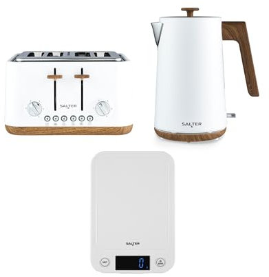 Salter Toronto Kettle, Toaster & Scale Set – 1.7L Electric Water Boiler with Safety Features, 4-Slice Toasting with 7 Browning Levels, Digital/Electronic Food Weighing, Baking, 5 kg Capacity, White