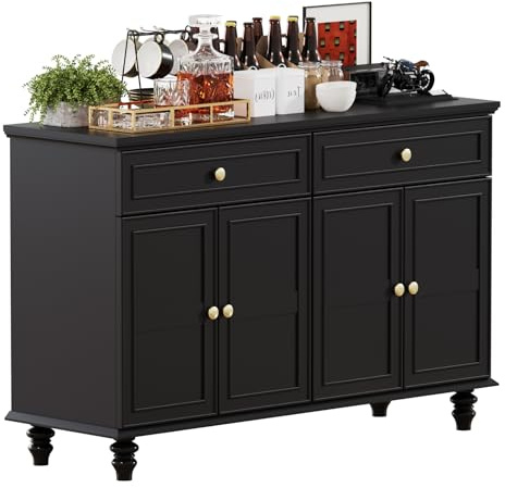 PROXRACER 48 Farmhouse Sideboard Buffet Cabinet with 2 Drawers & 4 Doors, Large Storage Spaces with Adjustable Shelves, Rustic Kitchen Dining Room Cabinet, Black