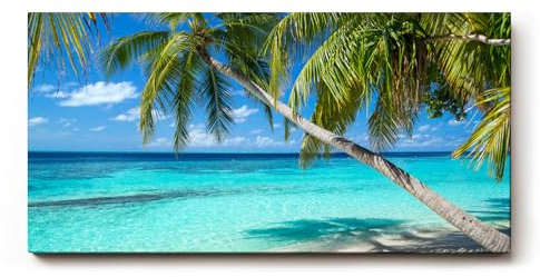 Sinus Art Wandbild 120x60cm Tropischer Strand mit weißen Sand und schattenspendenden Palmen als Urlaubsidyll
