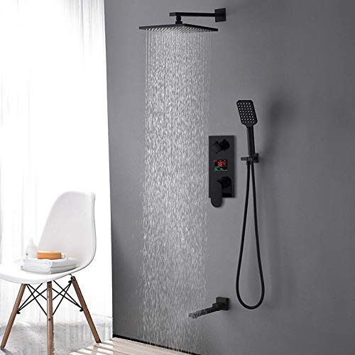 Black Digital Shower Faucets Set Brass Rainfall Shower Head 3-Way Digital Display Mixer Tap Swivel Tub Spout Bath Shower-8 inch Full Set, LWX