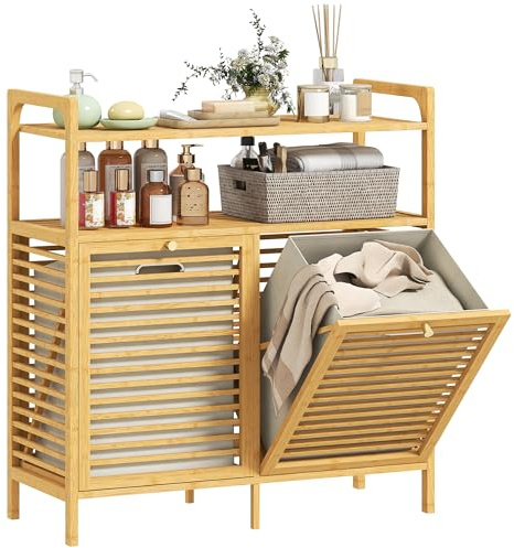 HOMCOM Wäschekorb mit 2 Fächern je 41 L aus Bambus 82 x 33 x 88 cm Natur | 2 Ablagefächer, Wäscheregal mit Griffen, Wäschesammler, Wäschesortierer, für Badezimmer