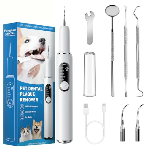 Zahnsteinentferner, Zahnreiniger Ultraschall für Hund und Katze, Zahnreinigung Set Zahnbürste für Pflege von Zahn zu Hause, Haustiere Zahnpflege Set, 5 Reinigungsmodi, 4 Reinigungsköpfe