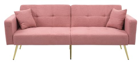BTM Kleines Wohnzimmer Sofa Schlafsofa Klappsofa mit Schlaffunktion Verstellbarem Winkel Schlafsofa Couch 2 Sitzer mit Kissen Rosa