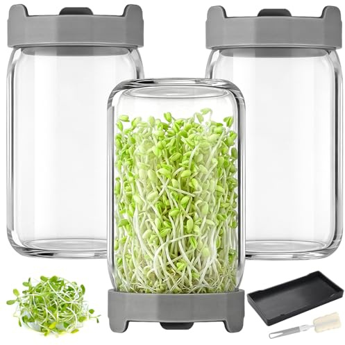 Bohoray Kit de 3 tarros de germinación de 800 ml, tarro Mason de boca ancha para microgreens, kit de cultivo para germinación de jardín, incluye bandeja de goteo y cepillo de limpieza, suministros de