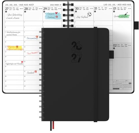 JAYSOO Agenda semainier 2026-2027, format A6, emploi du temps et emploi du temps, bloc-notes à spirales pour le travail, l'apprentissage et le plan familial, noir