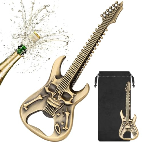 LULLEA Abridor de botellas de guitarra de calavera, herramienta de barra de música rock para hombres y mujeres, abridor de cerveza en forma de guitarra de bronce con bolsa de regalo, regalo musical