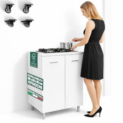 Shally Dogan Meuble de cuisine base 80 x 60 x 85 cm avec plaque de cuisson à gaz 4 feux, plaques en fonte résistantes, montage avec pieds fixes ou roulettes, kit complet monobloc, couleur blanc