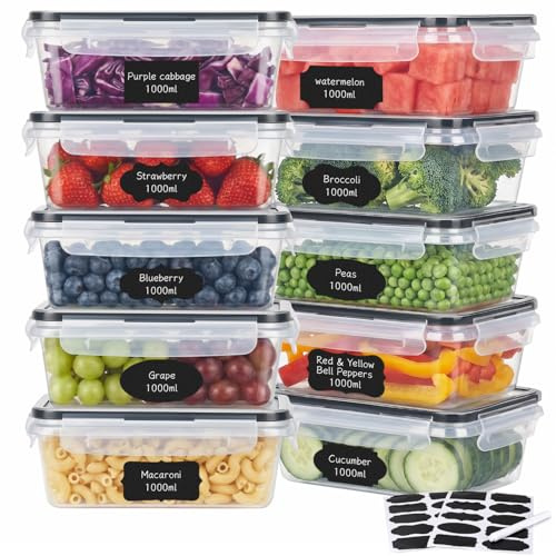 Hotec Frischhaltedosen mit Deckel, 10 x 1 L, Clip & Close Frischhaltedosen-Set, Meal Prep Boxen, 100 Prozent dicht, spülmaschinen, gefrier, mikrowellenfest, Gefrierbehälter & Küche