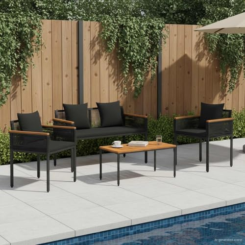 Set di mobili da giardino 4 pezzi in polyrattan nero con cuscini 3D, telaio in acciaio verniciato a polvere, piedini regolabili, set per il tempo libero rustico per terrazza e balcone
