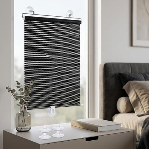 Tendina Oscurante a Rullo con Ventose, Tendine Oscuranti Senza Foratura per Finestre, Avvolgibile Parasole Termico Portatile per Interni e Auto(Blacks,55W x 85 cm H)