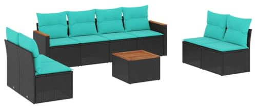 Hothingwell Gartensofa, 9-Sitzer, Schwarz, Kunstharz, geflochten, mit Kissen | Langlebiges PE-Rattan, Platte aus Akazie, abnehmbarer Bezug, Stahlstruktur, modulares Design