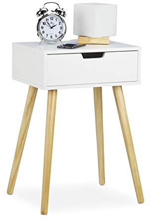 Relaxdays Nachttisch weiß, modernes & skandinavisches Design, 1 Schublade, für Boxspringbett, HBT 60x40x30cm, weiß/Natur