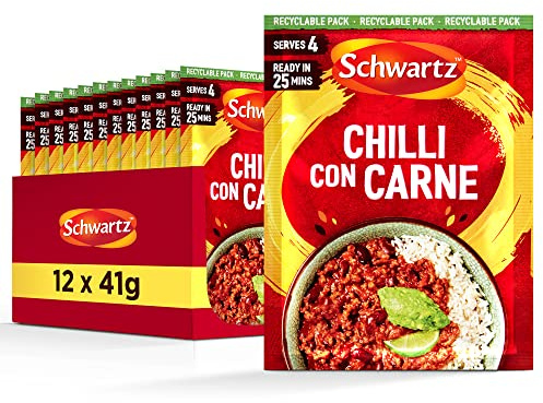 Schwartz Chilli Con Carne Recipe Mix 41 G Serves 4 Pack of 12 Hot & Spicy Rich Mexican Flavour With Fiery Chillies, Earthy Cumin, Dried Garlic and Onion Powder