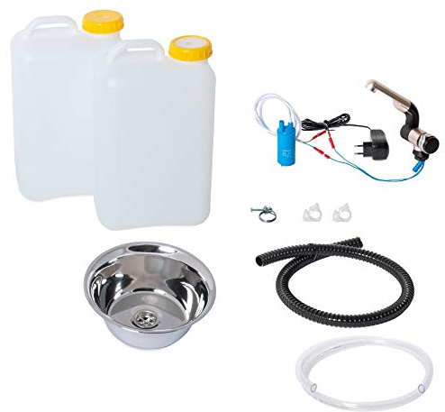 Wasseranlage Imbisswagen Verkaufsanhänger Campingküche 230v Bausatz Spüle 24 cm (240mm) + Wasserhahn Barwig Chrom Wasserkanister 19 Liter (ad-ideen)