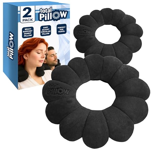 Total Pillow Airplane & Travel Pillow - Microbead Neck Pillow - Comfortable Pillow for Neck, Head, Back & Lumbar Support - Donut Pillow Chair Cushion for Sitting - Ear Piercing Pillow - 2 Pack, Black