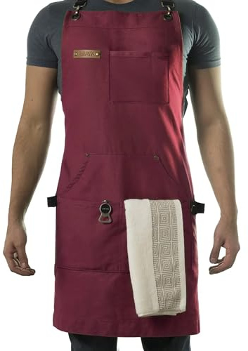 Asaya Chef & BBQ Apron with Pockets - Cross Back Canvas Cooking Apron for Women and Men, Adjustable Work & Grilling Aprons with Pocket, Bottle Opener and Hand Towel, 10oz Cotton Canvas (Red)
