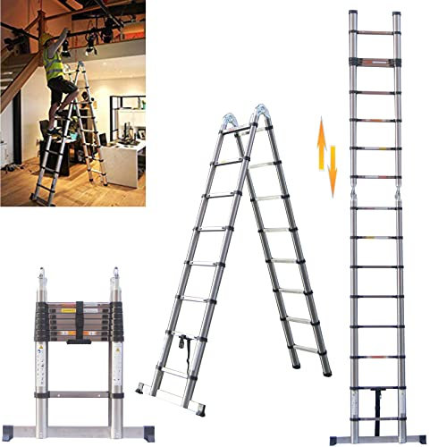 Telescopic Ladder with Stabiliser Bar, 5M/16.5FT Extension Ladder 2.5M+2.5M A-Frame Multi-Purpose Collapsible Ladder, Anti-Slip Loft Ladder Portable Folding Ladder Extendable 16 Steps, Max Load 150kg