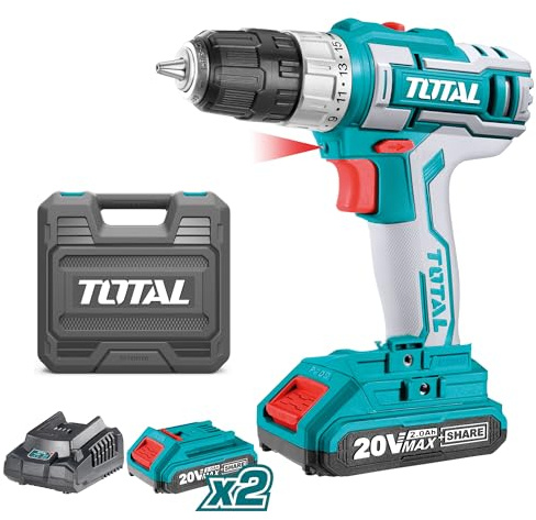TOTAL - Perceuse-visseuse à batterie P20S de 20 V | Mandrin automatique jusqu'à 10 mm | 15 positions de serrage et une perceuse | 2 vitesses et lumière LED | Avec 2 batteries 2 Ah, chargeur, mallette