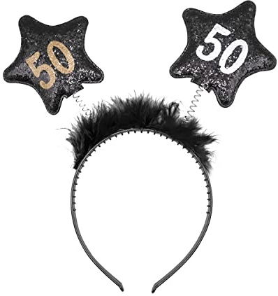 Decoraparty Haarreif mit Zahl 50 Jahre für Damen, zum Geburtstag, Jahrestag, Party, Krone, Stirnband mit Sternantennen, fünfzig, Glitzer, Unisex, Schwarz/Gold