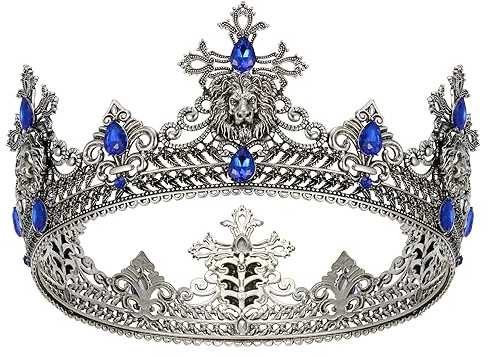 SWEETV King Crown for Men, Men's Tiara Prince Diadem, Royal Medieval Hair Accessory for Cosplay Birthday Prom Halloween (Antique Silver Blue)