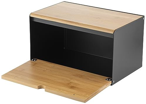 Florina Brotkasten BRUSTO 35,5 x 21,5 x 19,5 cm I Brotbox aus Stahl und Bambus-Deckel I Geräumiger und moderner Brotbehälter I Brotaufbewahrung Länger Frisch I Brotdose für Küche I Farbe: Schwarz
