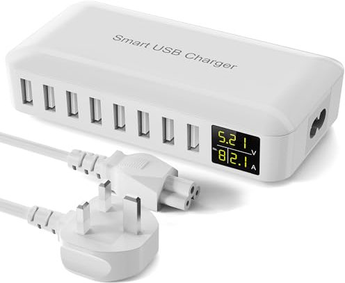 Sanicata 8-in-1 USB Charging Station with 4ft Extension Cord, Multiport Charger with LED Display, Charging Hub for Apple iPhone, iPad, Samsung, Tablet, Travel, Home, Office - White