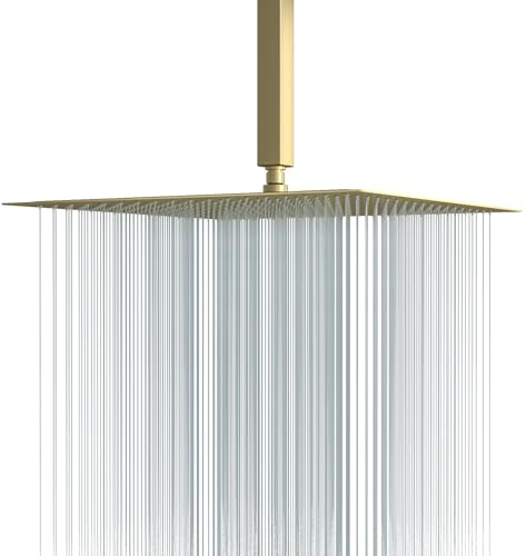 Lordear Gold Regenduschkopf 16 Zoll Quadrat Regenfall Hochdruck Edelstahl Regenduschkopf 360° Rotation Duschkopf Wasserfall Duschkopf mit Silikondüse