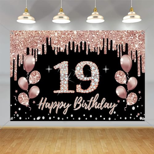 19 Geburtstag Dekorationen für Mädchen, Happy 19 Years Old Hintergrund Banner Rosegold Stoff Schild Poster, 19. Geburtstag Party Supplies Foto Hintergrund Willkommensschild, 150 cm x 90 cm