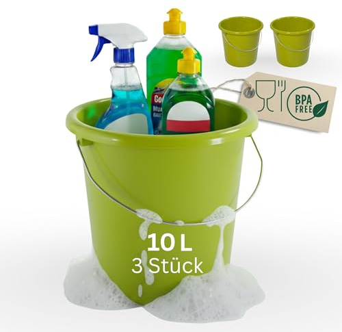 Novaliv 3 Stück Eimer 10L Grün mit Maßeinteilung - Putzeimer 10 Liter ? 28,5 cm Praktischer Allrounder mit Skala für Haushalt & Garten ideal als Haushaltseimer, Wassereimer, Wischeimer, Bucket