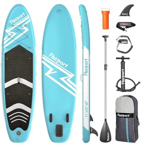 FBSPORT 11' Premium Stand Up Paddle Board, Yoga Board with SUP Accessories & Carry Bag | Wide Stance, Surf Control, Non-Slip Deck, Leash, Paddle and Pump for Youth & Adult (Ice Blue)