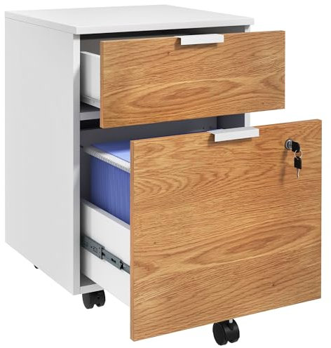 HOMCOM Cassettiera da ufficio, Mobile Contenitore Portaoggetti a 2 cassetti, 2 barre di sospensione, schienale sospeso, chiudibile a 2 chiavi, 4 ruote 42 x 40 x 60 cm, effetto legno, bianco e naturale