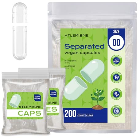 ATLEMISME Cápsulas veganas vacías 00 separadas (200 piezas)