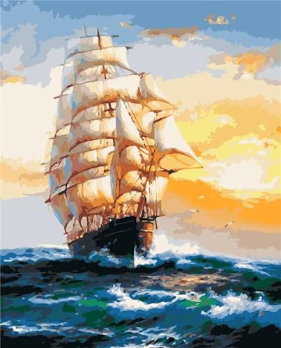 Segelboot-Sonnenuntergang-Meer Malen nach Zahlen Erwachsene DIY Handgemalt Ölgemälde auf Leinwand Kinder Anfänger Malsets mit Pinseln Acrylic Paint by Numbers Kits Haus Wand Decor 55x70cm,mit Rahmen