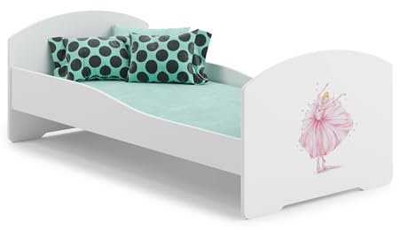 KOBI Cama Infantil LUK con colchón, Blanco | para habitación Infantil | para un niño y una niña | colchón, Estructura incluida | (Princesa, 140x70)