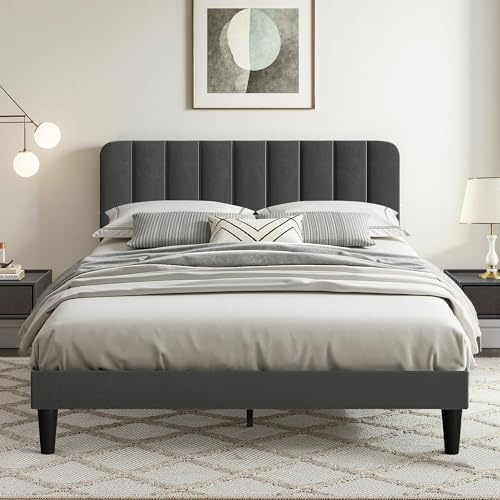 VECELO Lit Double Rembourré 140x190 cm, Tête de Lit Réglable, Support à Lattes en Bois Solide, Tissu Velours, Facile à Assembler, Gris