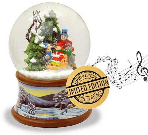 Schneekugel Familie Winterspaziergang | Sockel Winterlandschaft braun | Spieluhr Winter Wonderland | Schüttelkugel Weihnachtsdekoration | B: 10 cm H: 14 cm | 20191