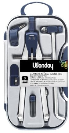 WONDAY - Compas, Coffret 5 pièces Technique Ballustre avec étui de mine, rallonge, taille-mine et bague