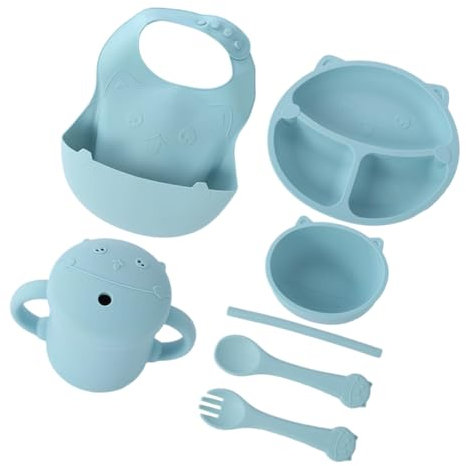 Silikon-geschirrset Für Kinder – Kleinkindgabel Babyteller 7-teiliges Essschüssel-set Mit Unterteiltem Teller