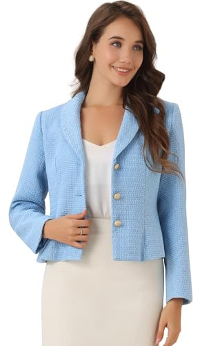 Allegra K Blazers en Tweed pour Femmes Col à Revers Manches Longues Vestes Courts Boutonné Coupe Cintré Costume d'affaires pour Automne et Hiver Bleu M