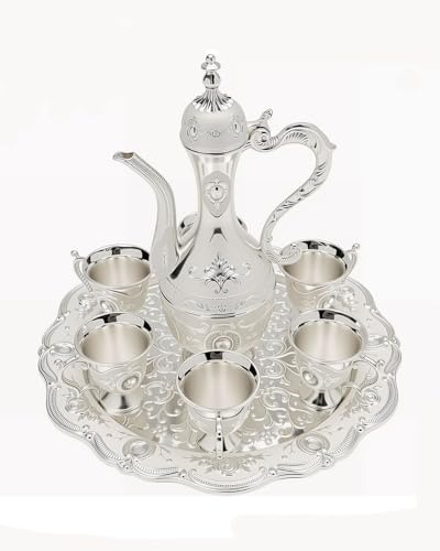 Vintage Turkish Tea Set with 6 Cups and Tray Exquisite Tea Sets Decorative Retro Tea Service Set for Home Party Decor (Silver White)