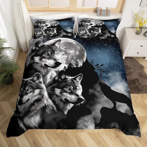 Loussiesd 3D Wolf Drucken Bettwäsche Set 155x220cm Schwarz Grau Jungen Wölfe Bettwäscheset Weiche Mikrofaser Wilde Tiere Thema Bettbezug Set 2Stück für Jugendliche Kinder