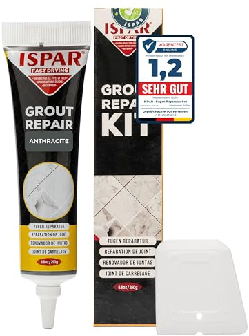 ISPAR Reparación de Juntas (Antracita, 250g) - Lechada Lista para Usar en Baños y Cocinas, Masilla Impermeable para Azulejos - Con Espátula