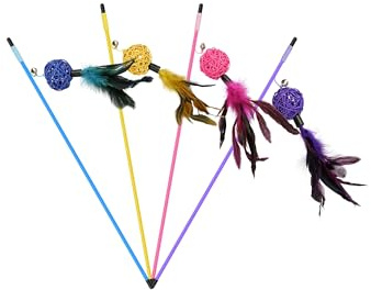 Generisch Katzenangel mit Ball-Figur, Feder, Glocke - 1Stück - Lang geschnürter Stab, 4 Farben: Blau, Gelb, Lila, Pink | Robuste Feder, langlebige Schnüre | Katzenspielzeug Interaktiv (Pink)
