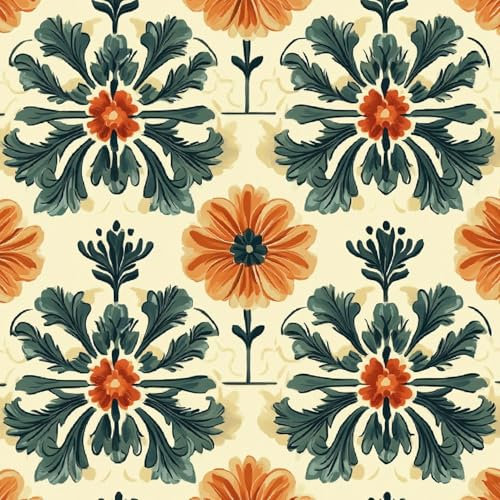 Papier Peint Autocollant 3D Motifs Orange Fleurs Vert Feuilles Toile de Canvas Résistant aux Rayures pour Plafonds/Murs de Maison/Appartement/Boutique Papier Peint Adhésif Mural 40 cm x 1000 cm