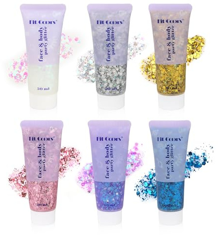 Set de 6 Body Glitter Gel, Gels Paillettes Visage et Cheveux, Paillettes Chunky Holographiques pour Maquillage Festival, Noël, Pâques, Fête, Longue Durée, Gel Shimmer Liquide pour Yeux et Corps
