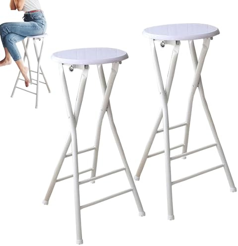 Set di 2 sgabelli da bar pieghevoli, alti e rotondi, senza schienale, altezza regolabile 60/70/80 cm, colore bianco, con poggiapiedi, per sala da pranzo e patio
