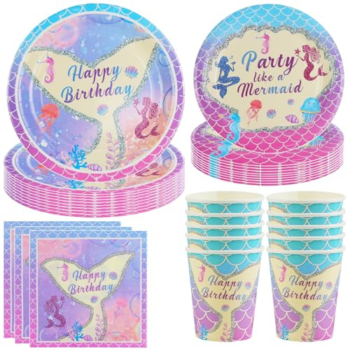 Hmfmdy Mermaid Party Tableware Set, 50 Pieces Children's Decorations Covered with Mermaids, Children's Birthday Tableware Paper Plates, Cups and Napkins, Tableware 10 Guests