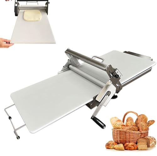 Laminadora de masa de acero inoxidable, manual y plegable, grosor ajustable de 0 a 25 mm para panadería, pizza y croissants, ideal para uso comercial y doméstico.